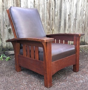 Original Rare L & J G Stickley Slatted Bow Arm Morris Chair. Original Finish. 1906-1912